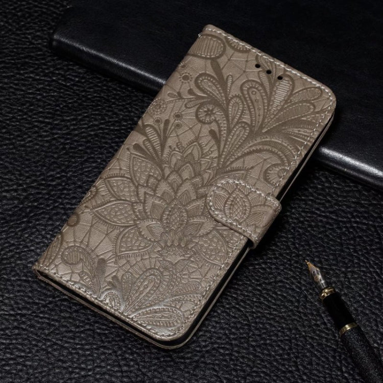 For iPhone 16 Pro Max Lace Flower Embossing Flip Leather Phone Case(Grey)