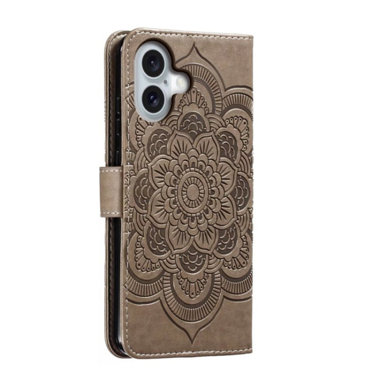 For iPhone 16 Mandala Embossing Pattern Horizontal Flip Leather Phone Case(Gray)
