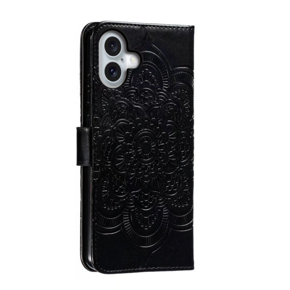 For iPhone 16 Plus Mandala Embossing Pattern Horizontal Flip Leather Phone Case(Black)
