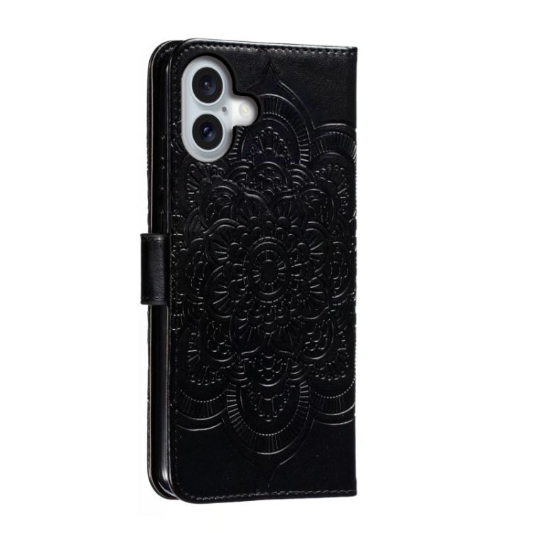 For iPhone 16 Plus Mandala Embossing Pattern Horizontal Flip Leather Phone Case(Black)