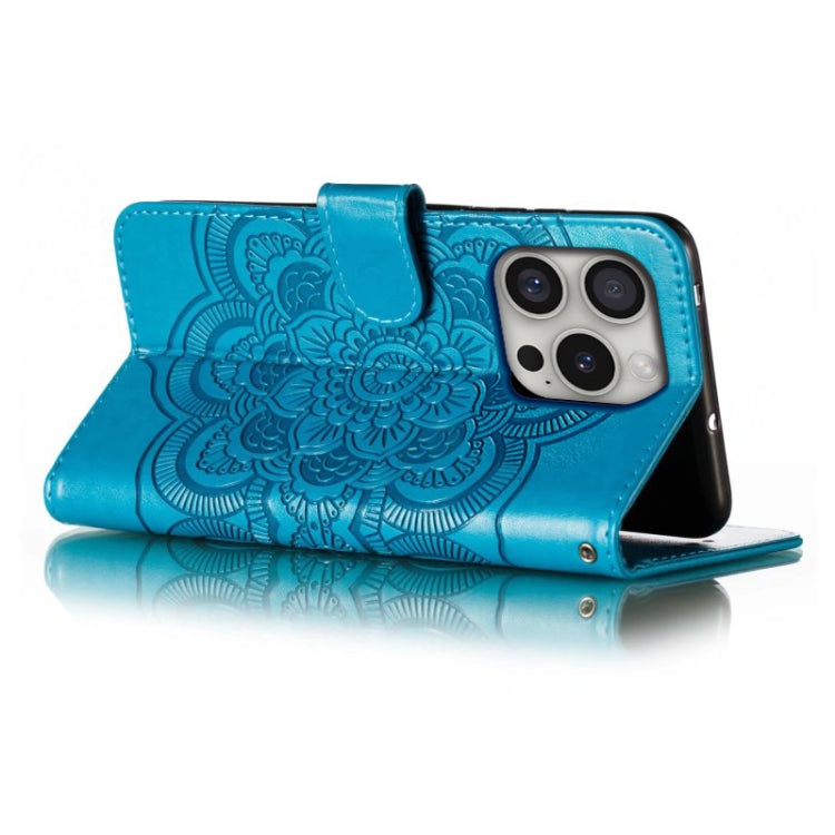 For iPhone 16 Pro Mandala Embossing Pattern Horizontal Flip Leather Phone Case(Blue)