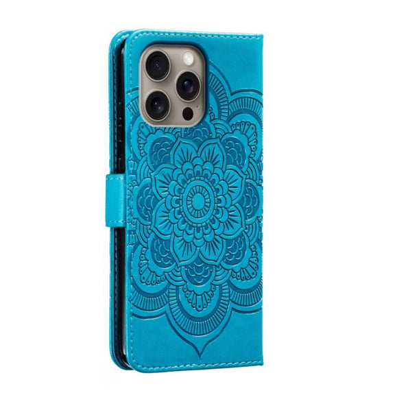 For iPhone 16 Pro Max Mandala Embossing Pattern Horizontal Flip Leather Phone Case(Blue)