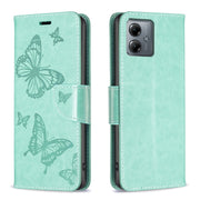 For Motorola Moto G14 4G Embossing Two Butterflies Pattern Leather Phone Case(Green)
