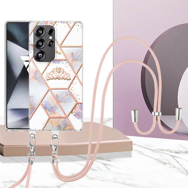 For Samsung Galaxy S25 Ultra 5G Electroplating Splicing Marble Flower IMD TPU Phone Case with Lanyard(Crown)