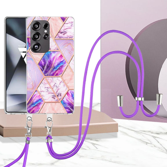 For Samsung Galaxy S25 Ultra 5G Electroplating IMD Splicing Dual-side Marble TPU Phone Case with Lanyard(Light Purple)