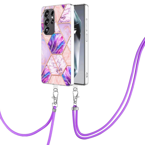 For Samsung Galaxy S25 Ultra 5G Electroplating IMD Splicing Dual-side Marble TPU Phone Case with Lanyard(Light Purple)