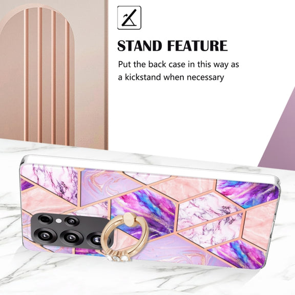 For Samsung Galaxy S25 Ultra 5G Splicing Marble Flower IMD TPU Phone Case Ring Holder(Light Purple)