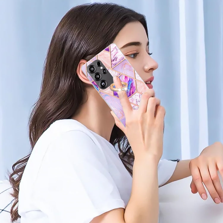 For Samsung Galaxy S25 Ultra 5G Splicing Marble Flower IMD TPU Phone Case Ring Holder(Light Purple)