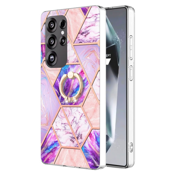 For Samsung Galaxy S25 Ultra 5G Splicing Marble Flower IMD TPU Phone Case Ring Holder(Light Purple)