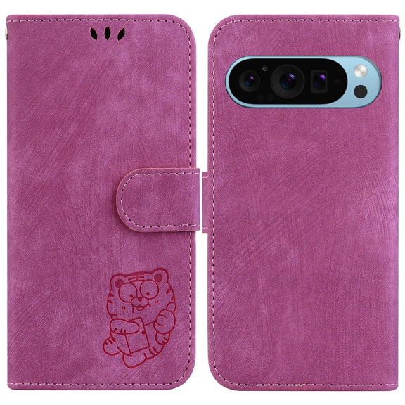 For Google Pixel 9 Pro Little Tiger Embossed Leather Phone Case(Rose Red)