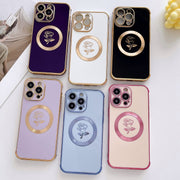 For iPhone 15 Plus Electroplate Side Roses Flower MagSafe Phone Case(Pink)