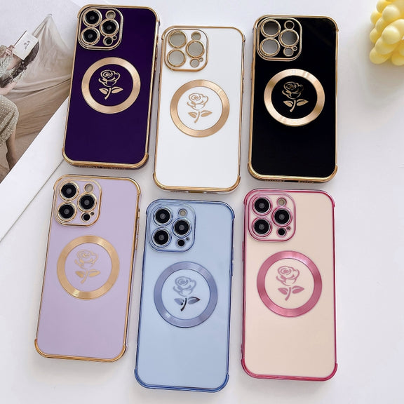 For iPhone 13 Pro Electroplate Side Roses Flower MagSafe Phone Case(Black)