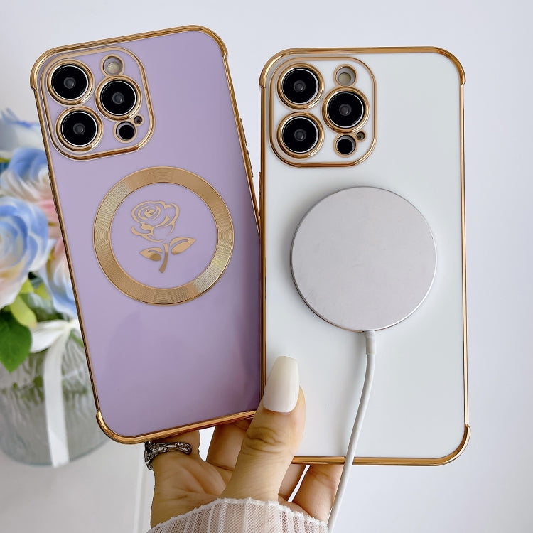 For iPhone 14 Pro Electroplate Side Roses Flower MagSafe Phone Case(Purple)