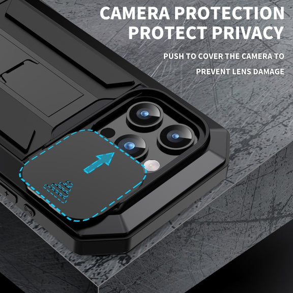 For iPhone 15 Pro Max R-JUST Sliding Camera IP54 Life Water-resistant Holder Phone Case(Black)