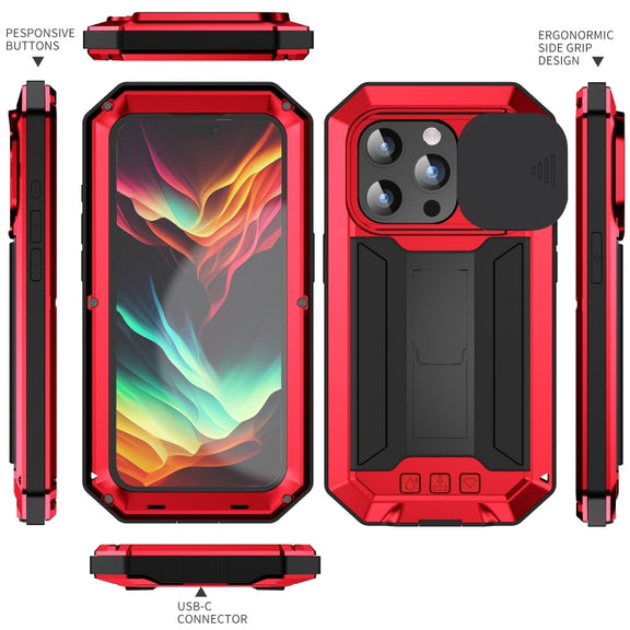 For iPhone 15 Pro Max R-JUST Sliding Camera IP54 Life Water-resistant Holder Phone Case(Red)