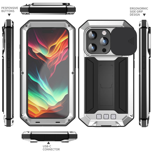 For iPhone 15 Pro Max R-JUST Sliding Camera IP54 Life Water-resistant Holder Phone Case(Silver)