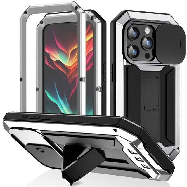 For iPhone 15 Pro Max R-JUST Sliding Camera IP54 Life Water-resistant Holder Phone Case(Silver)