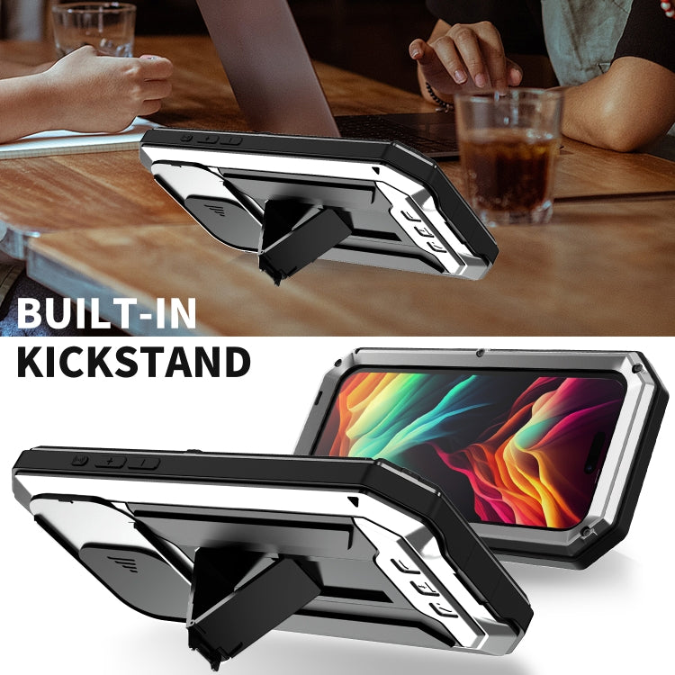 For iPhone 15 Pro R-JUST Sliding Camera IP54 Life Water-resistant Holder Phone Case(Silver)