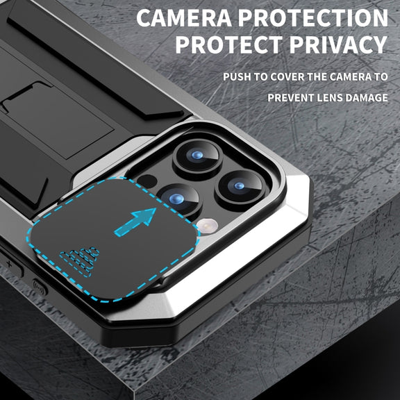For iPhone 15 Pro R-JUST Sliding Camera IP54 Life Water-resistant Holder Phone Case(Silver)