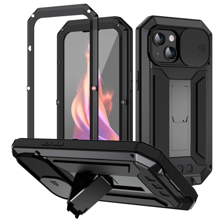 For iPhone 15 Plus R-JUST Sliding Camera IP54 Life Water-resistant Holder Phone Case(Black)