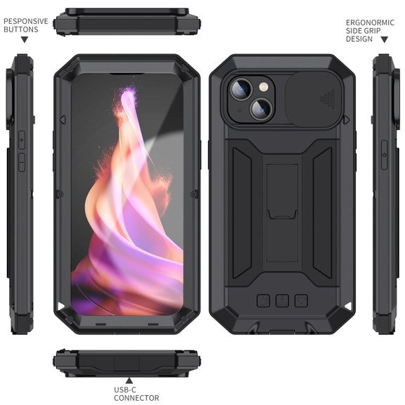 For iPhone 15 Plus R-JUST Sliding Camera IP54 Life Water-resistant Holder Phone Case(Black)