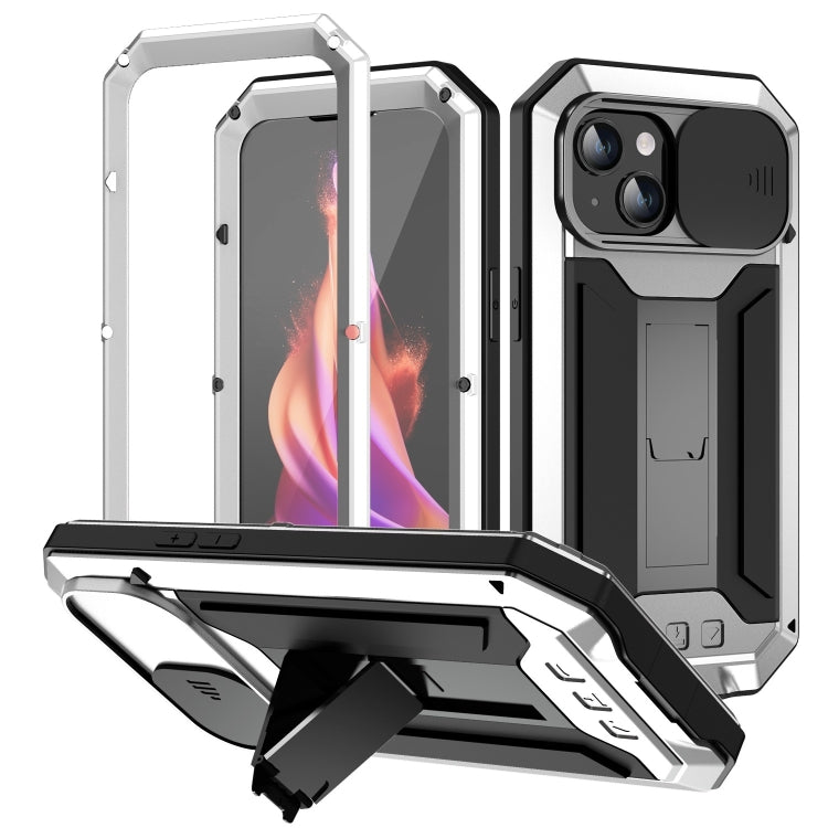 For iPhone 15 Plus R-JUST Sliding Camera IP54 Life Water-resistant Holder Phone Case(Silver)