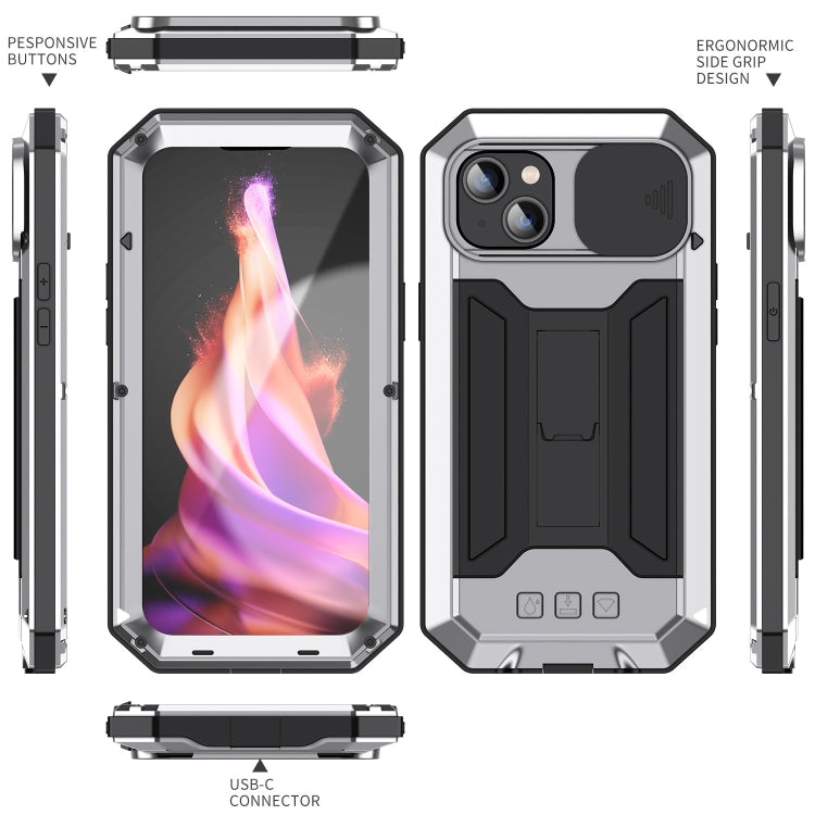For iPhone 15 Plus R-JUST Sliding Camera IP54 Life Water-resistant Holder Phone Case(Silver)
