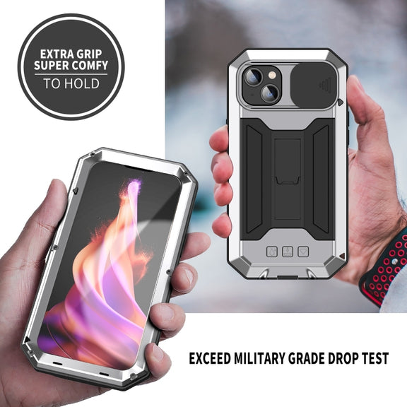 For iPhone 15 Plus R-JUST Sliding Camera IP54 Life Water-resistant Holder Phone Case(Silver)