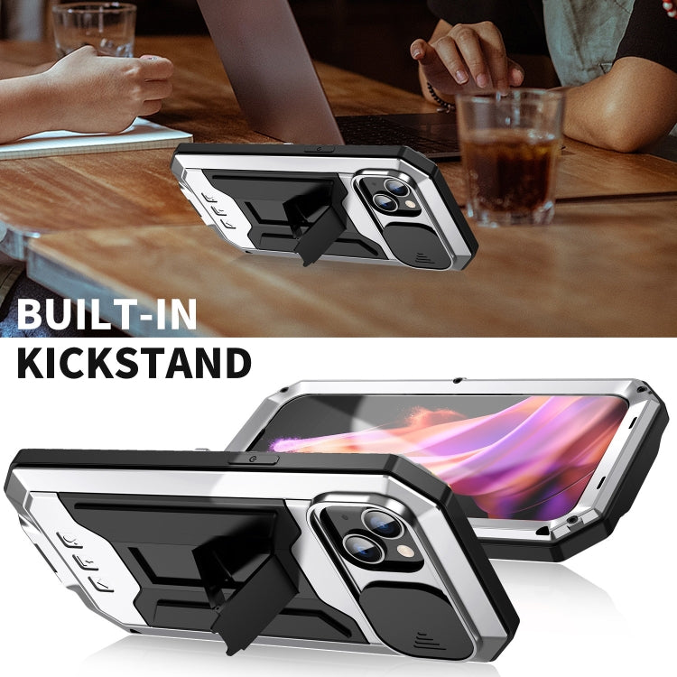 For iPhone 15 Plus R-JUST Sliding Camera IP54 Life Water-resistant Holder Phone Case(Silver)