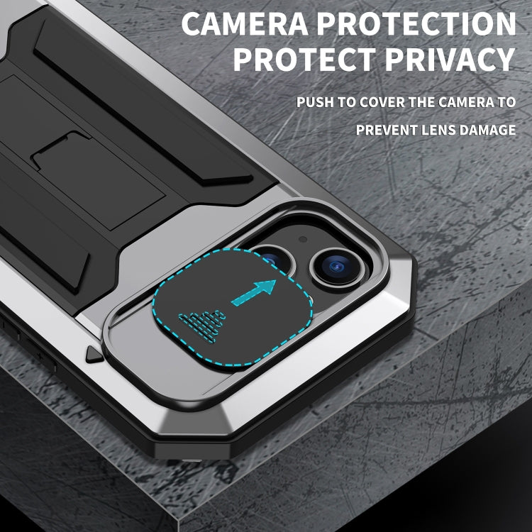 For iPhone 15 Plus R-JUST Sliding Camera IP54 Life Water-resistant Holder Phone Case(Silver)