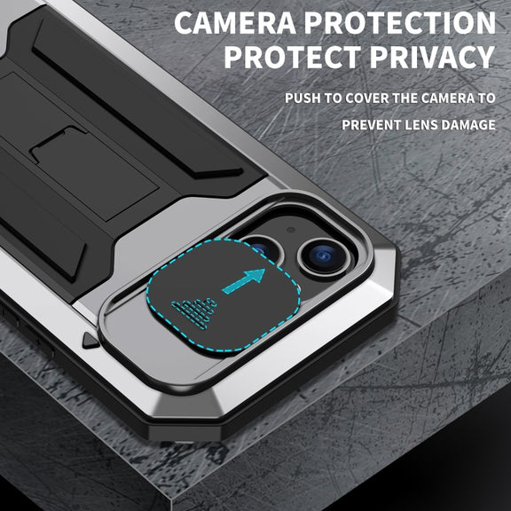 For iPhone 15 Plus R-JUST Sliding Camera IP54 Life Water-resistant Holder Phone Case(Silver)