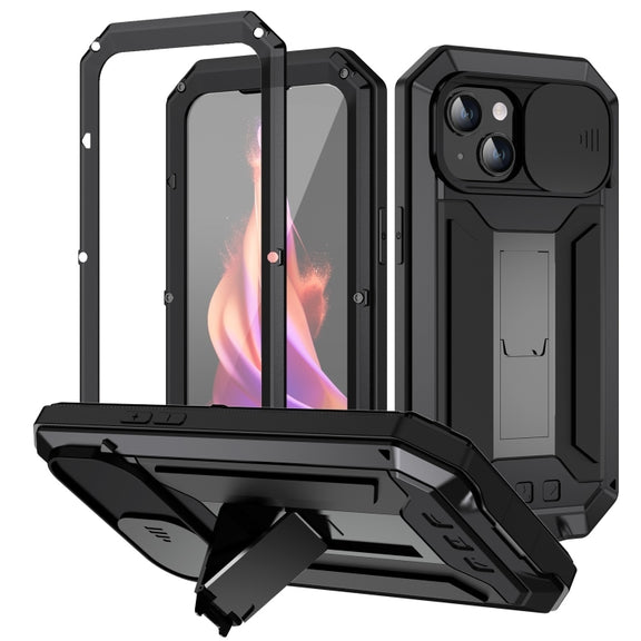 For iPhone 15 R-JUST Sliding Camera IP54 Life Water-resistant Holder Phone Case(Black)