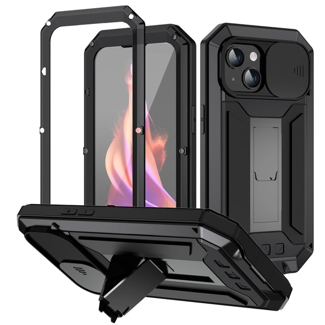 For iPhone 15 R-JUST Sliding Camera IP54 Life Water-resistant Holder Phone Case(Black)