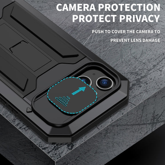 For iPhone 15 R-JUST Sliding Camera IP54 Life Water-resistant Holder Phone Case(Black)