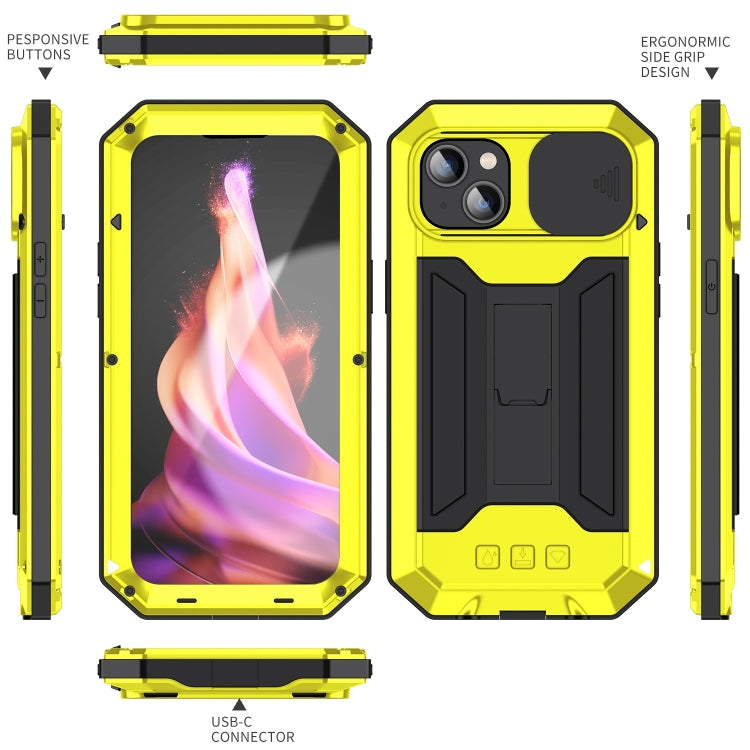 For iPhone 15 R-JUST Sliding Camera IP54 Life Water-resistant Holder Phone Case(Yellow)