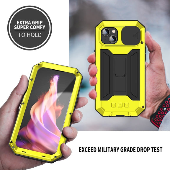 For iPhone 15 R-JUST Sliding Camera IP54 Life Water-resistant Holder Phone Case(Yellow)