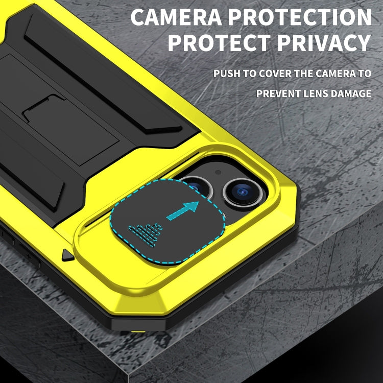 For iPhone 15 R-JUST Sliding Camera IP54 Life Water-resistant Holder Phone Case(Yellow)