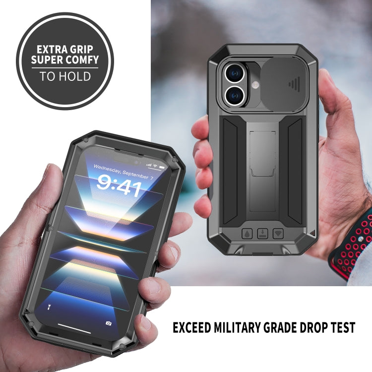 For iPhone 16 R-JUST Sliding Camera IP54 Life Water-resistant Holder Phone Case(Black)