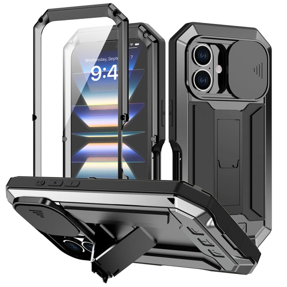 For iPhone 16 Plus R-JUST Sliding Camera IP54 Life Water-resistant Holder Phone Case(Black)