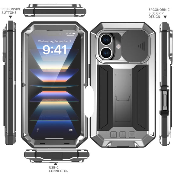 For iPhone 16 Plus R-JUST Sliding Camera IP54 Life Water-resistant Holder Phone Case(Silver)