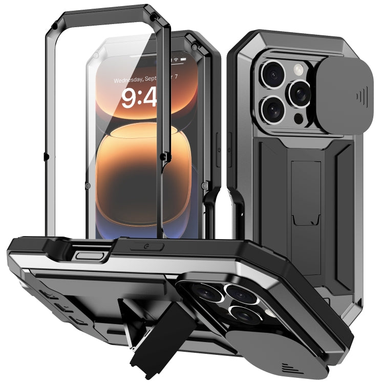 For iPhone 16 Pro R-JUST Sliding Camera IP54 Life Water-resistant Holder Phone Case(Black)