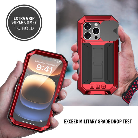 For iPhone 16 Pro R-JUST Sliding Camera IP54 Life Water-resistant Holder Phone Case(Red)