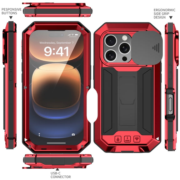 For iPhone 16 Pro Max R-JUST Sliding Camera IP54 Life Water-resistant Holder Phone Case(Red)