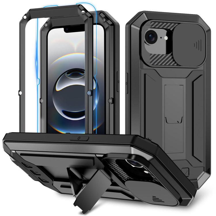 For iPhone 16e R-JUST Sliding Camera IP54 Life Water-resistant Holder Phone Case(Black)