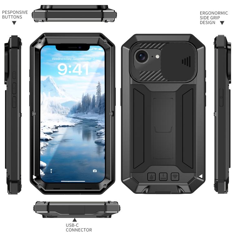 For iPhone 16e R-JUST Sliding Camera IP54 Life Water-resistant Holder Phone Case(Black)