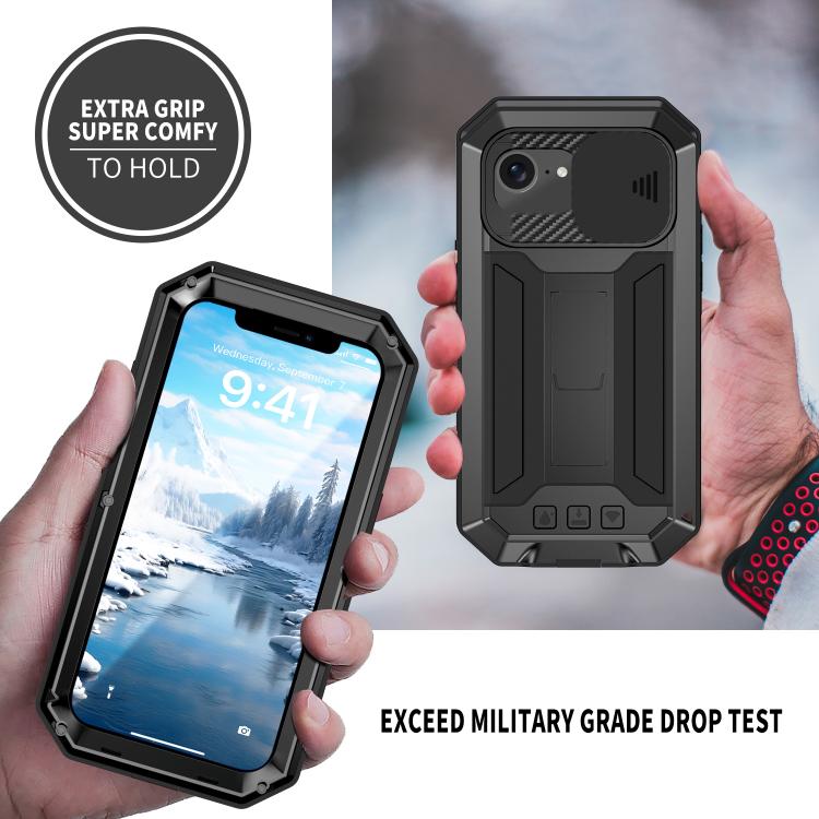 For iPhone 16e R-JUST Sliding Camera IP54 Life Water-resistant Holder Phone Case(Black)