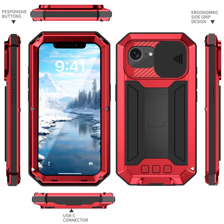 For iPhone 16e R-JUST Sliding Camera IP54 Life Water-resistant Holder Phone Case(Red)