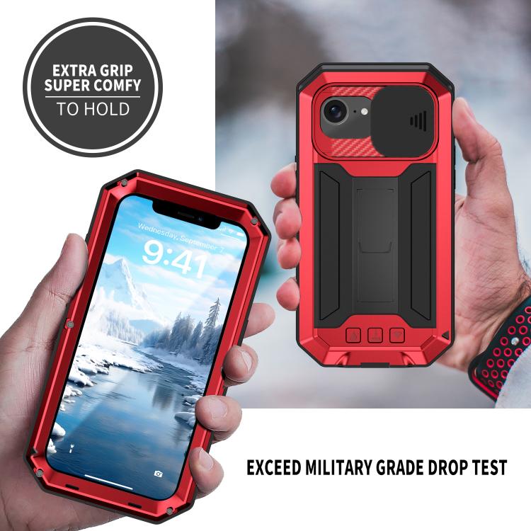 For iPhone 16e R-JUST Sliding Camera IP54 Life Water-resistant Holder Phone Case(Red)