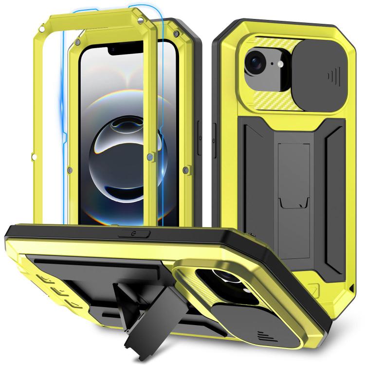 For iPhone 16e R-JUST Sliding Camera IP54 Life Water-resistant Holder Phone Case(Yellow)