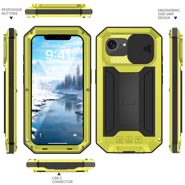 For iPhone 16e R-JUST Sliding Camera IP54 Life Water-resistant Holder Phone Case(Yellow)